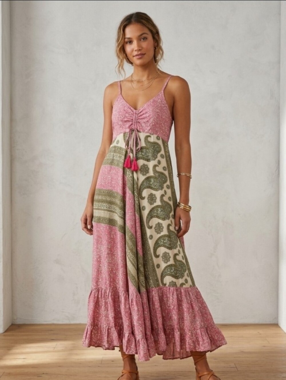 Talita Kume Boho Pink & Olive Paisley Maxi Dress